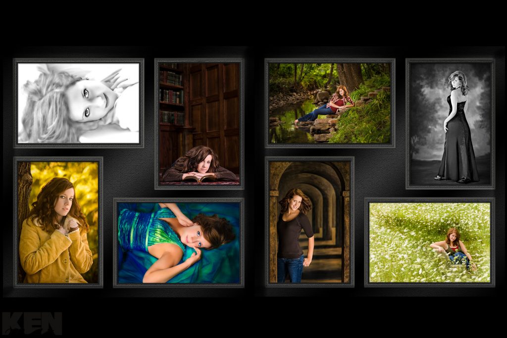 This variety and arrangement of KenMar Photography's high school, senior-graduation pictures was awarded Best in the State by Wisconsin Professional Photographers Association.